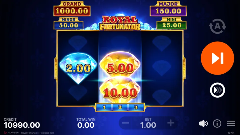 Royal Fortunator Hold and Win Bonus Game with sticky symbols and re-spins counter